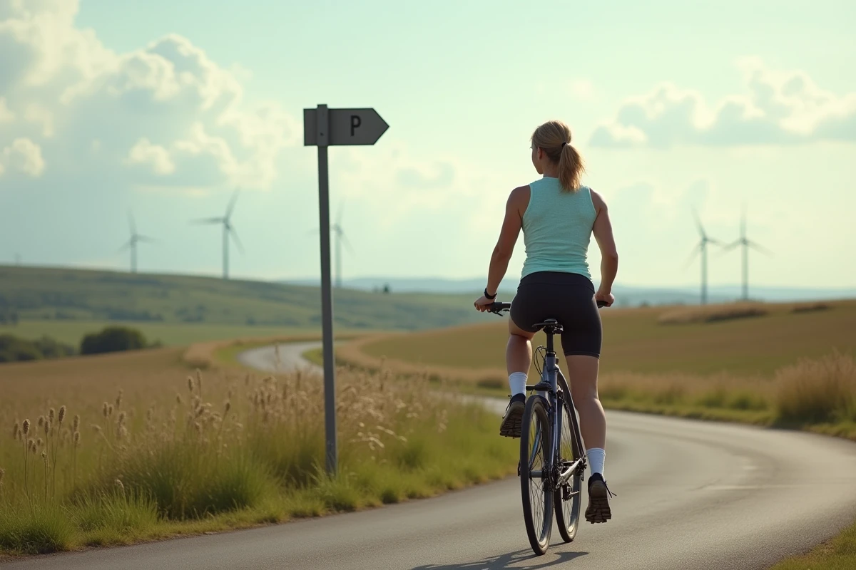 Femme à vélo dans la campagne en regardant un panneau indicateur