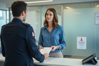 Jeune femme remet son passeport à un agent administratif