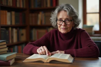 Femme consultant un dictionnaire de grammaire française pour corriger une faute de langue courante