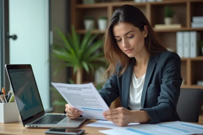Femme consultant un dossier de remboursement AirHelp sur son bureau avec un ordinateur portable affichant des données d'indemnisation