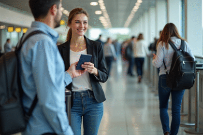 Femme souriante à la douane d'aéroport avec passeport