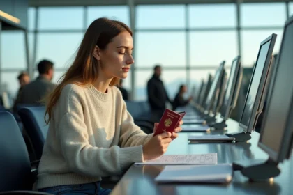 Femme détendue remplissant formulaires à l'aéroport