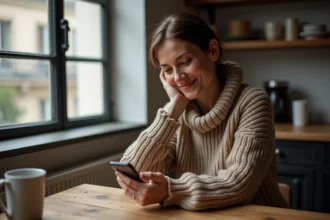 Femme française souriante regardant son smartphone à la maison