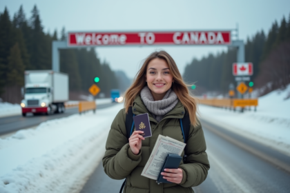 Femme avec passeport devant panneau Welcome to Canada
