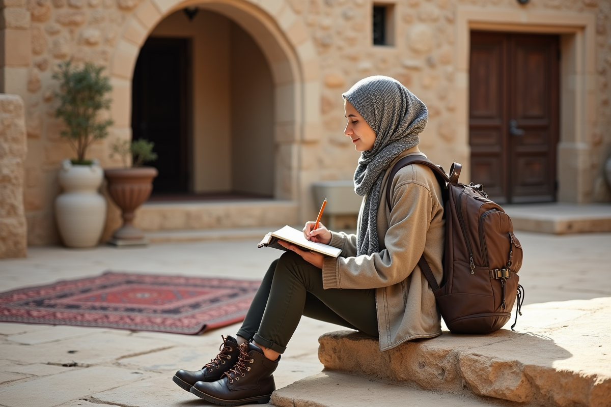 Femme seule journalisant dans un hôtel-caverne en Cappadoce