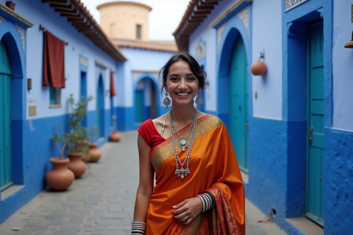Jeune femme souriante dans les ruelles de Chefchaouen