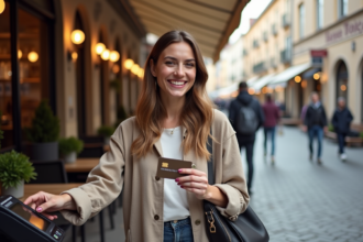 Femme souriante payant au café en Europe