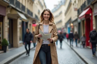 Femme élégante marchant rue Sainte Honoré à Paris