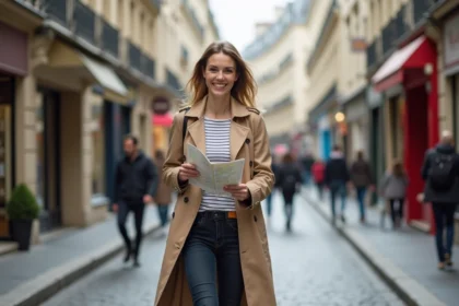 Femme élégante marchant rue Sainte Honoré à Paris