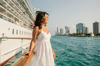 Femme sur le pont d'un paquebot de croisière quittant le port de Miami vers les Caraïbes