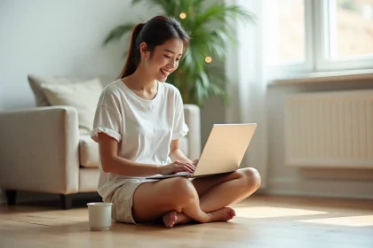 Femme cherchant des vacances de dernière minute sur un ordinateur portable dans un appartement moderne