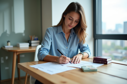 Jeune femme remplissant formulaire de visa canadien à la maison