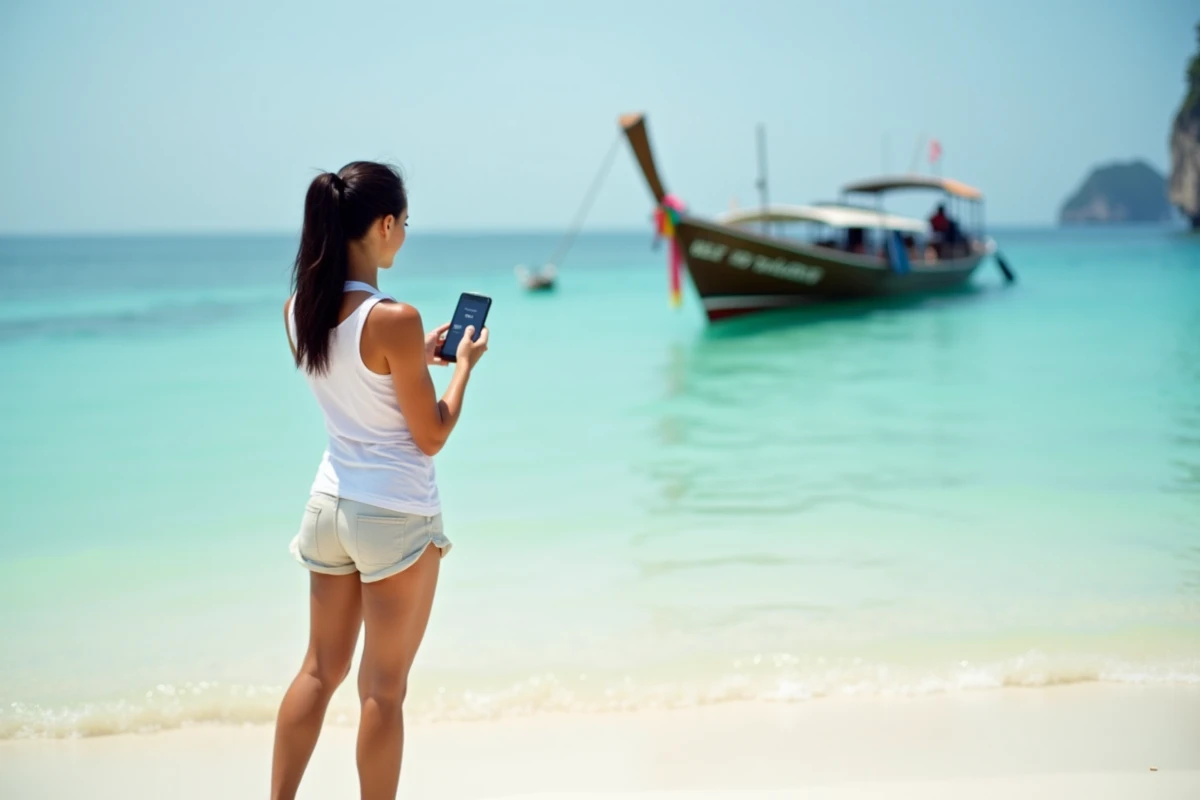 Femme consultant une application de réservation de bateau sur smartphone sur une plage de Gili Trawangan