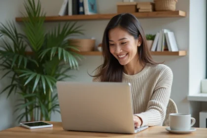 Femme souriante réservant ses vacances sur un ordinateur portable