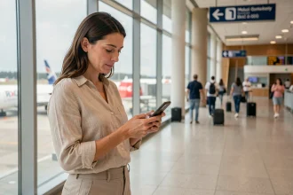 Femme consultant une application de réservation de vol dans un terminal d'aéroport moderne avant un voyage vers la République Dominicaine