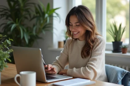 Femme souriante sauvegardant un itinéraire bus sur son ordinateur