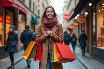 Femme souriante avec sacs de shopping dans une rue italienne