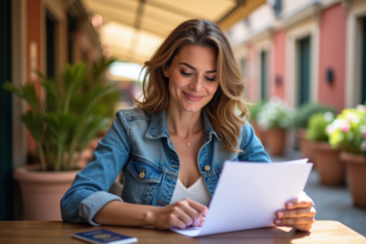 Femme souriante étudie documents voyage à Seville