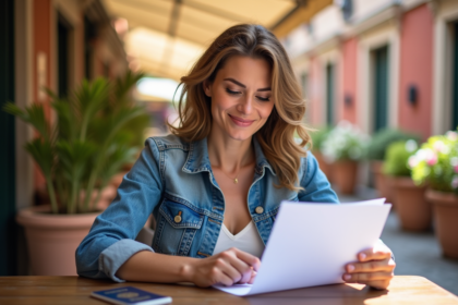 Femme souriante étudie documents voyage à Seville