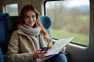 Jeune femme souriante avec carte et smartphone dans un train