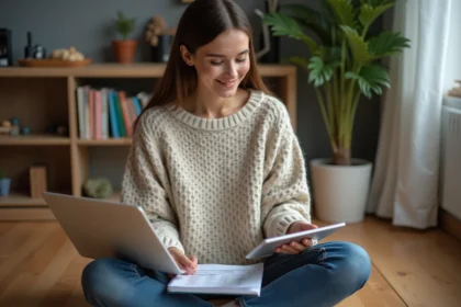 Jeune femme souriante vérifiant un tableau financier chez elle