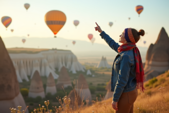 Jeune femme turque regardant les ballons dans le ciel de Cappadoce