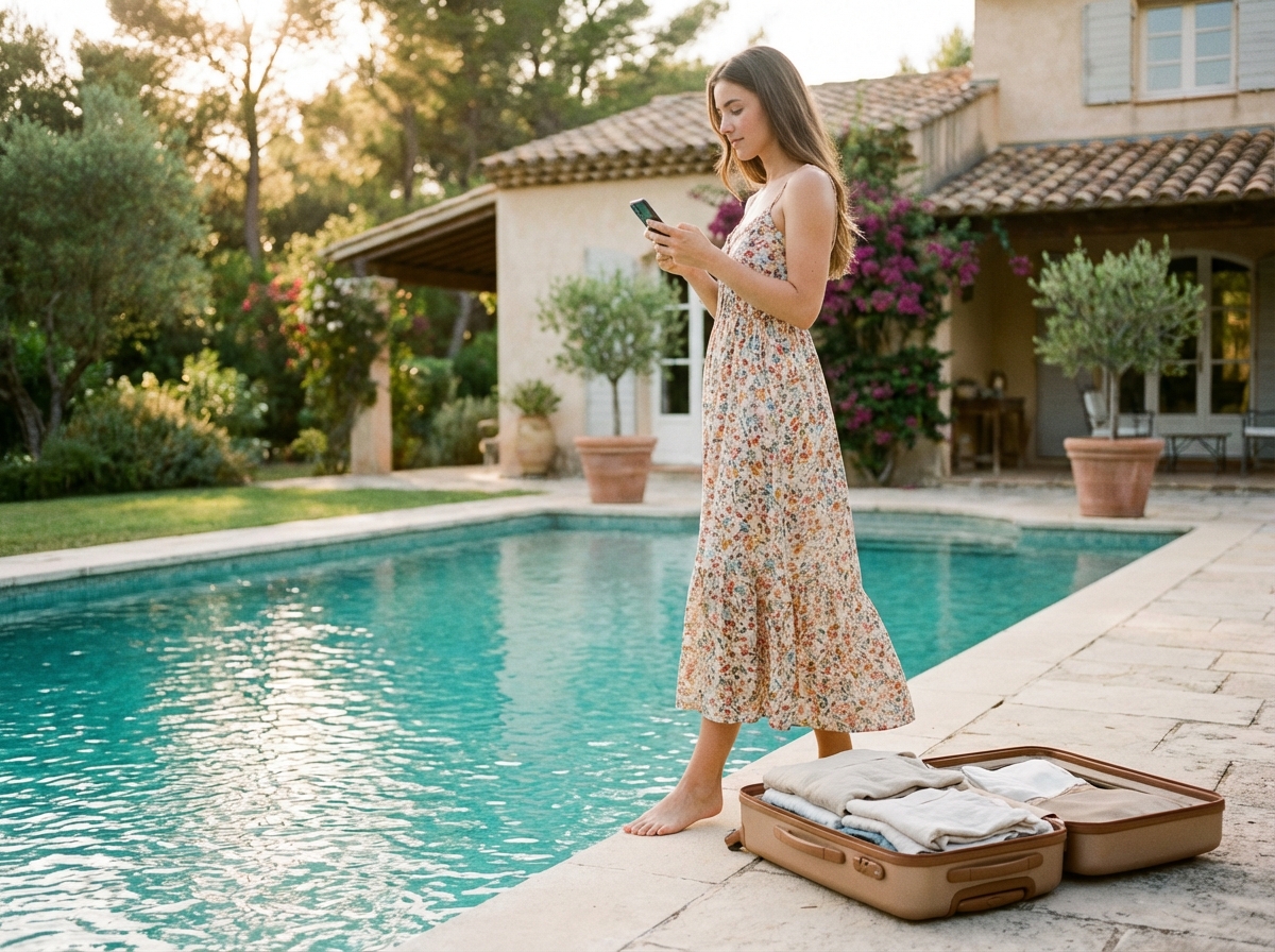 Jeune femme au bord de la piscine méditerranéenne