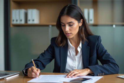 Jeune femme maghrebine préparant un dossier de visa