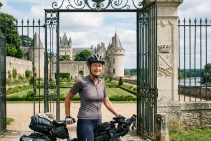 Femme à vélo près d'un château de la Loire en extérieur