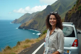 Femme debout à côté d'une voiture de location sur une route côtière sinueuse de Madère avec vue sur les falaises volcaniques