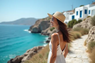 Femme souriante regardant la mer turquoise à Karpathos