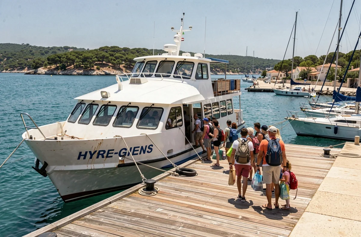 Ferry blanc à quai avec des passagers en file d'attente pour embarquer vers l'île de Porquerolles