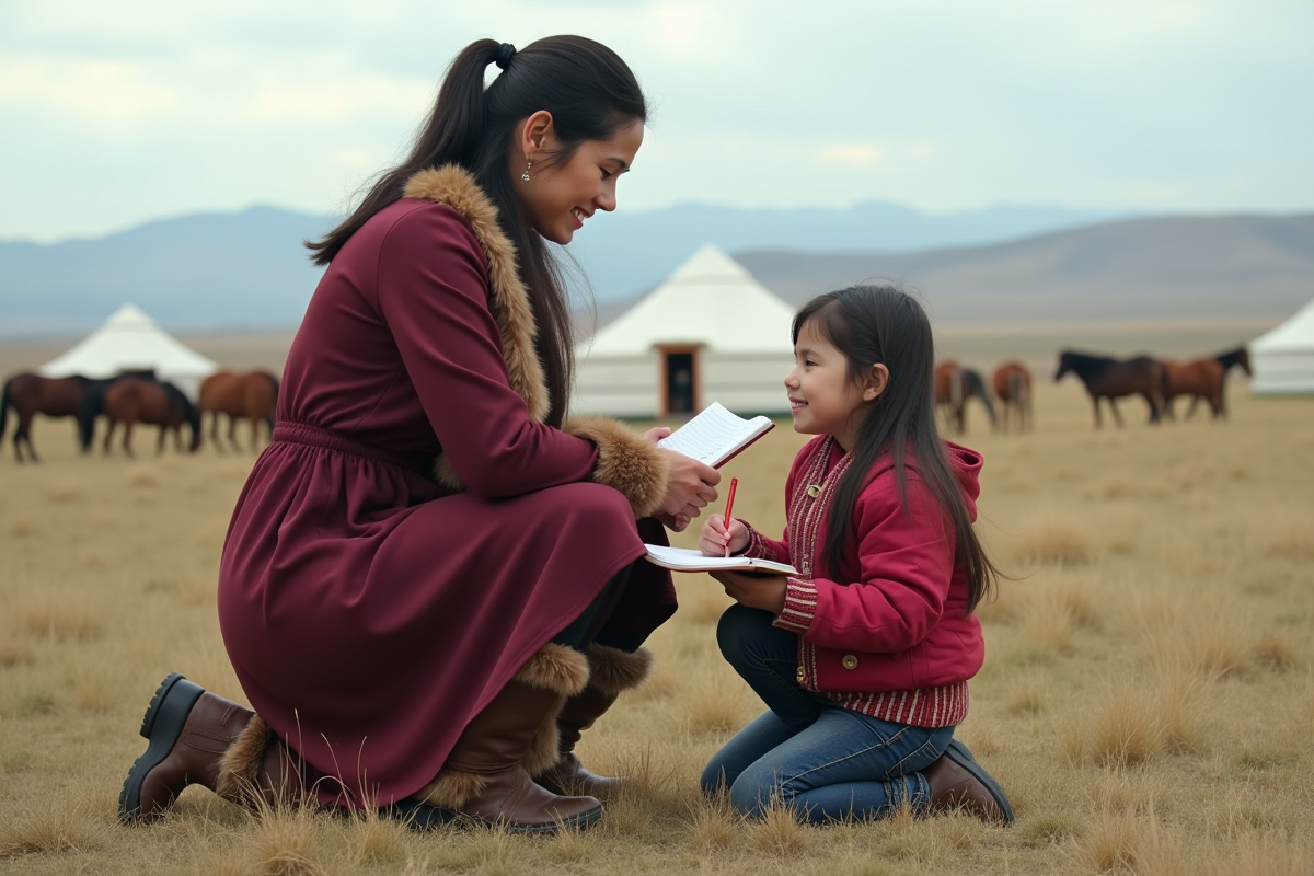 Fille mongole écrivant dans un carnet avec sa mère
