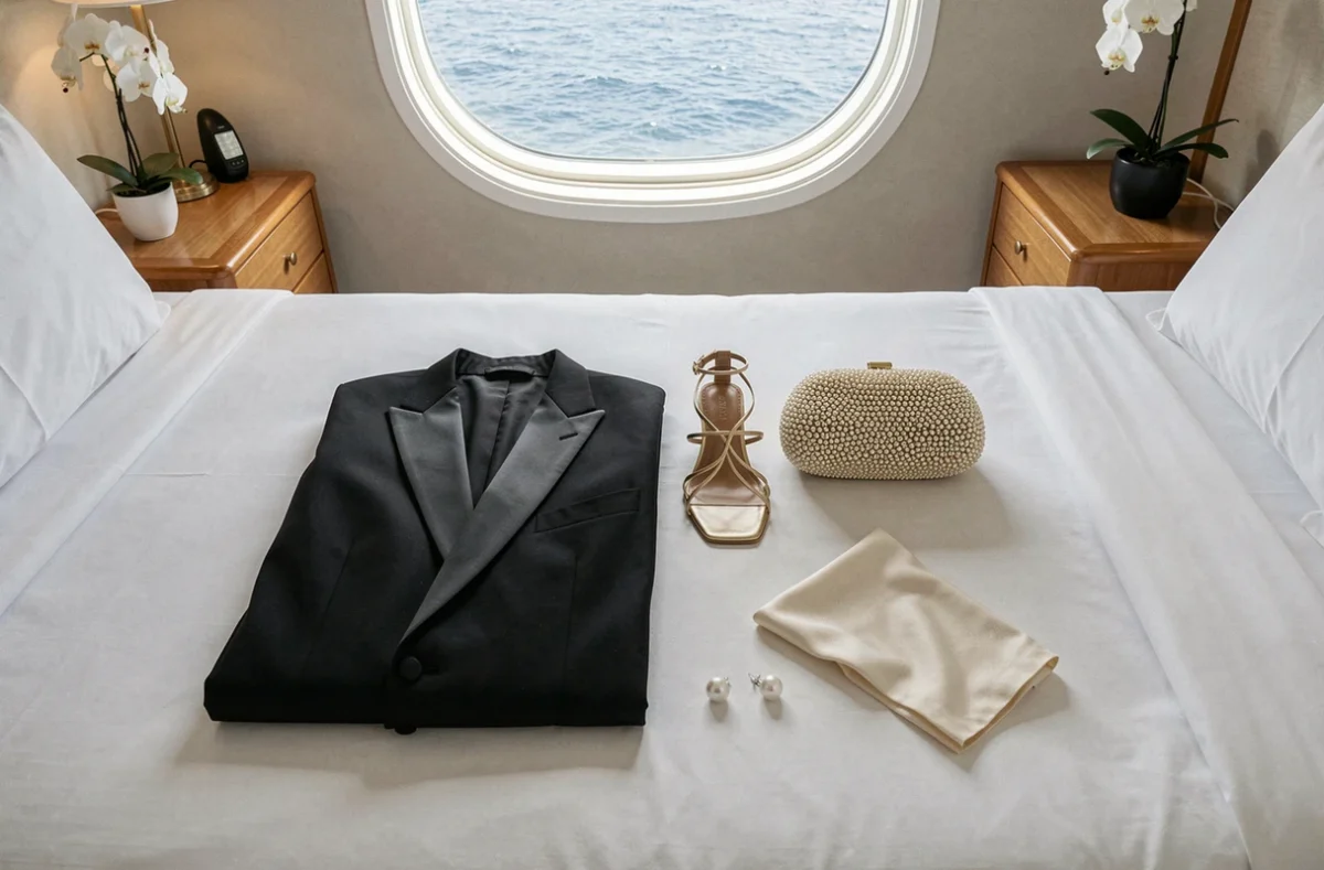 Tenue de soirée pour croisière posée à plat sur un lit de cabine de bateau avec accessoires élégants