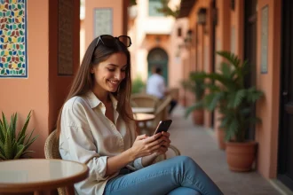 Jeune femme consultant son forfait mobile sur smartphone dans un café de Marrakech au Maroc