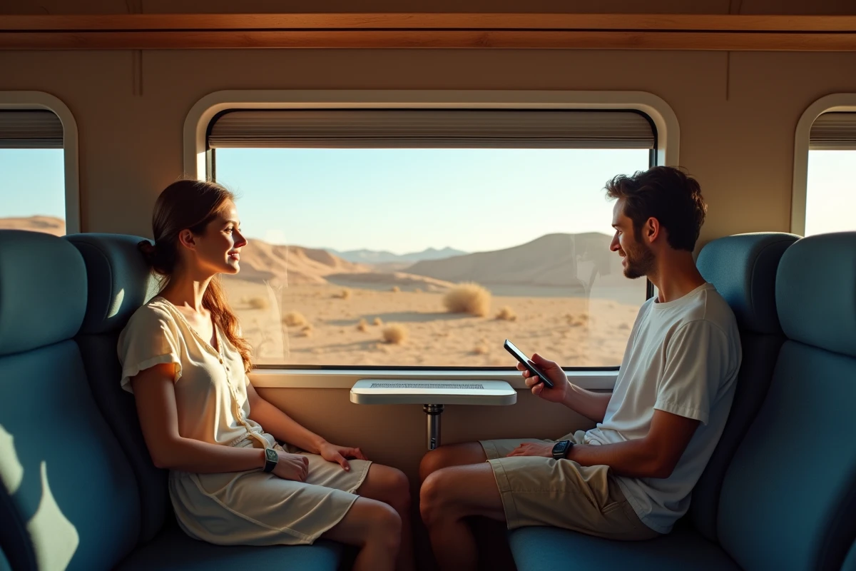 Couple voyageant en train au Maroc en utilisant un forfait mobile pas cher pour rester connecté