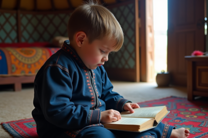 Garçon nomade mongol en deel bleu lisant un livre