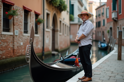 Gondolier vénitien avec gondola au canal