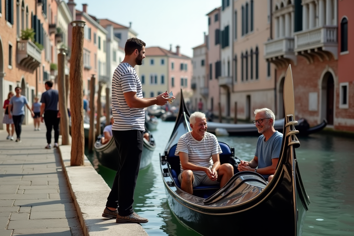 Gondolier venetien aidant un couple de touristes souriants