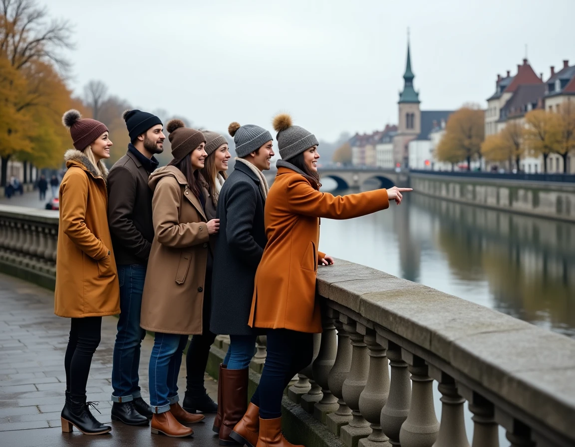 Groupe d'amis admirant le panorama de Liège depuis un pont sur la Meuse en automne