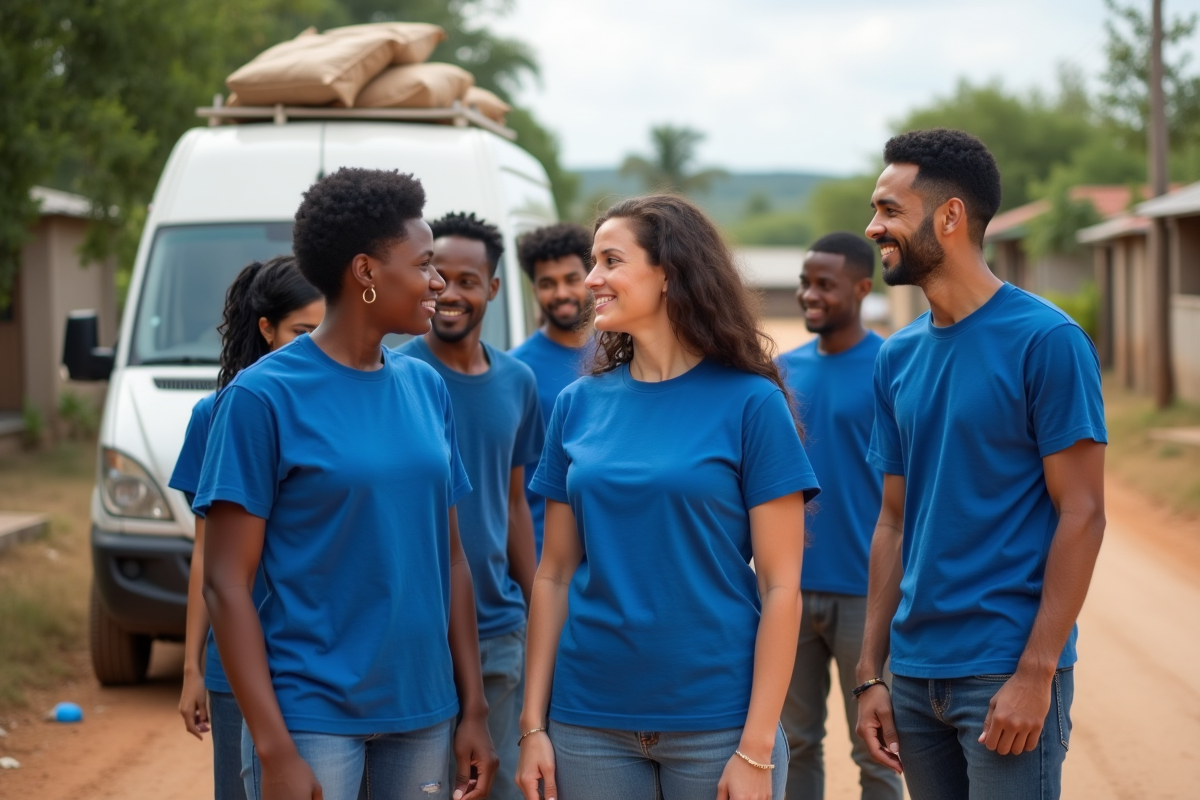 Groupe divers de bénévoles devant un van de secours en plein air