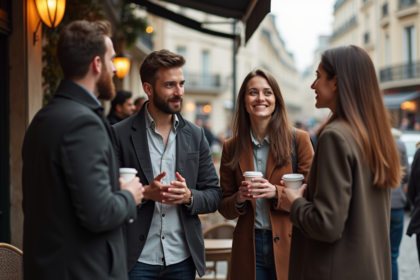 Groupe d'adultes discutant dans un café parisien