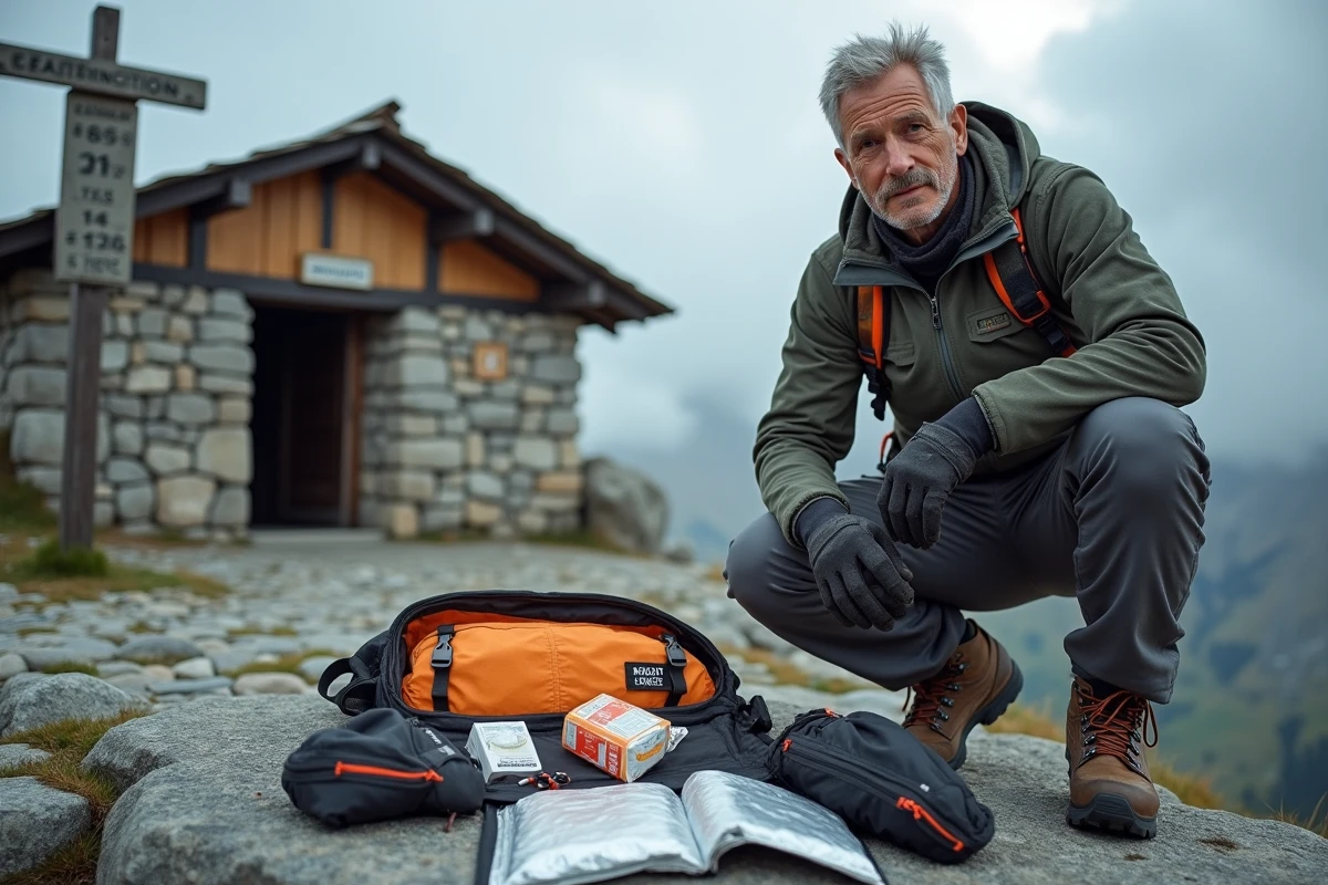 Guide de montagne préparant un kit de sécurité d'urgence au sommet du col du Petit-Saint-Bernard
