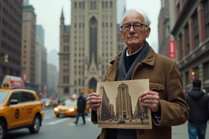 Historien âgé devant le Woolworth Building avec photo ancienne