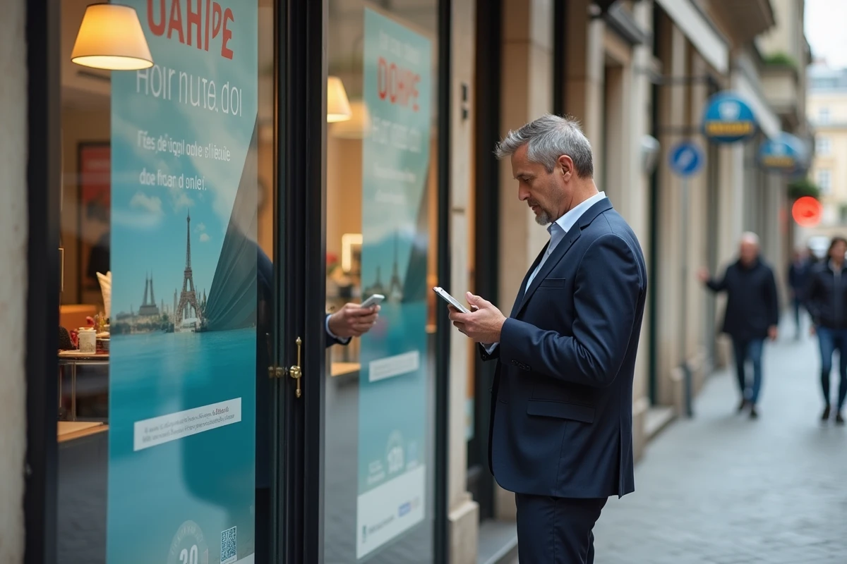 Homme regardant affiches promotionnelles de voyage