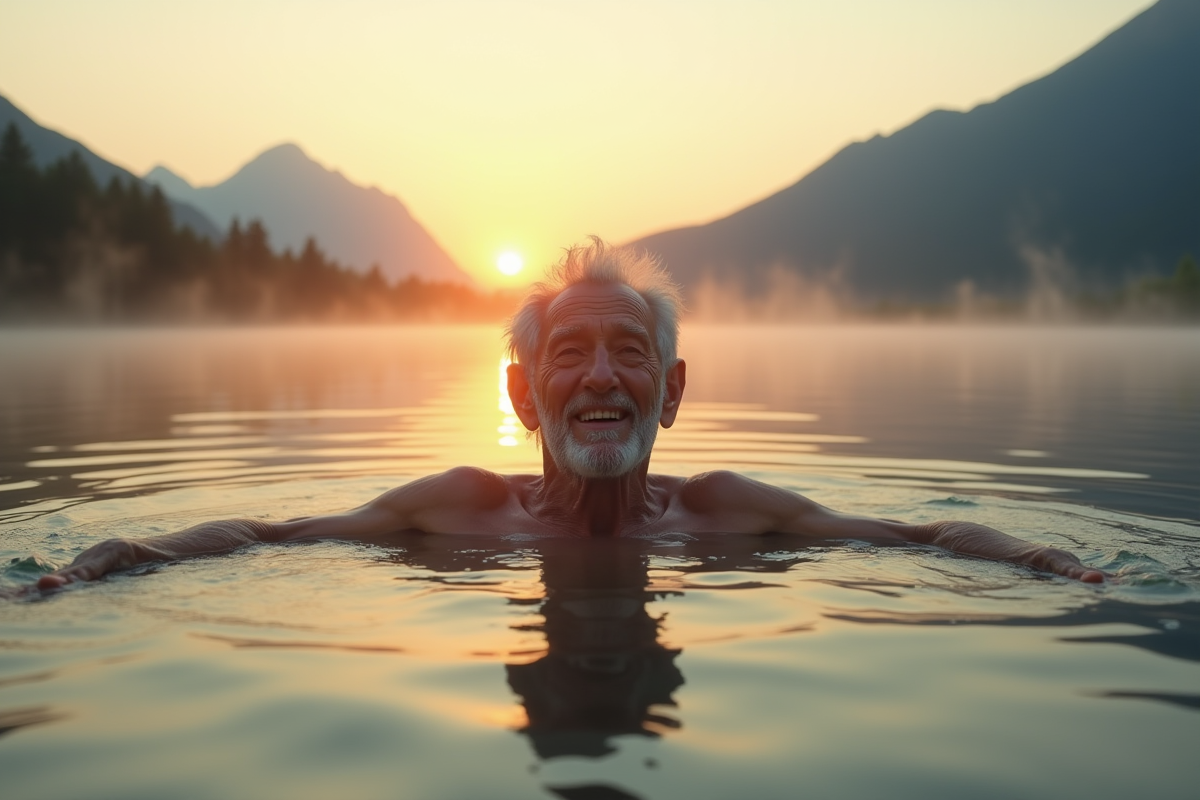 Homme age flottant dans un lac au lever du soleil