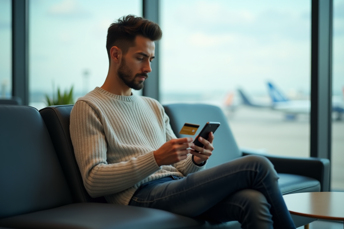 Homme vérifiant son application bancaire à l