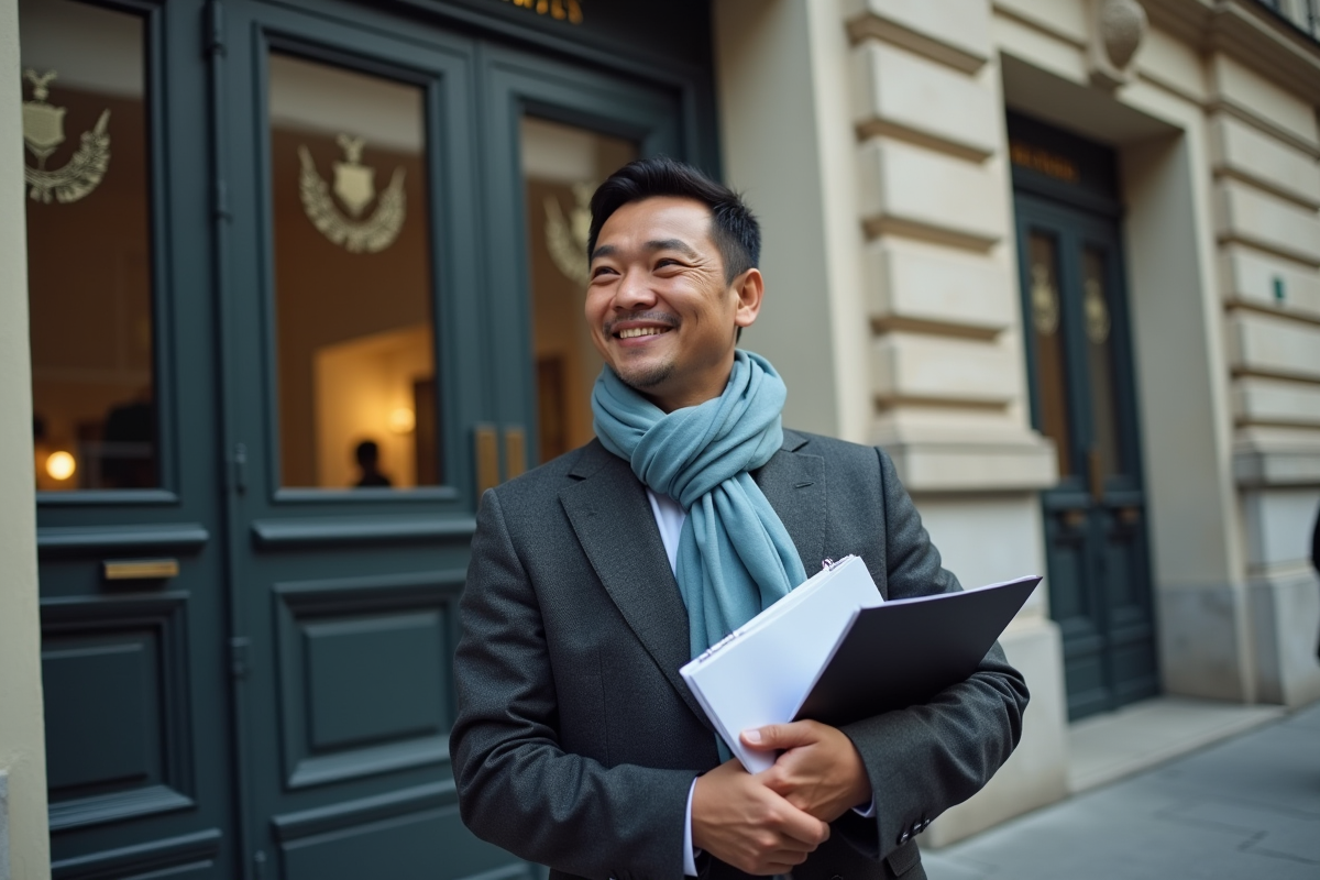Homme asiatique devant le consulat français avec dossier