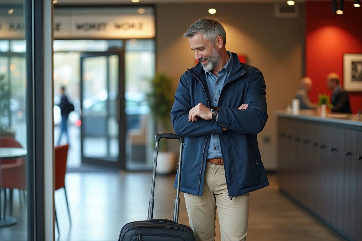 Homme vérifiant sa montre dans le lobby de l