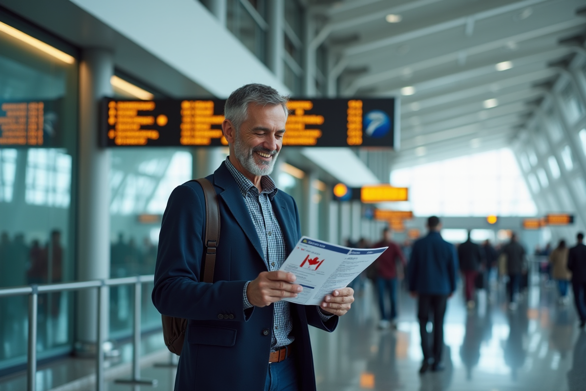 Homme regardant ses documents de voyage à l
